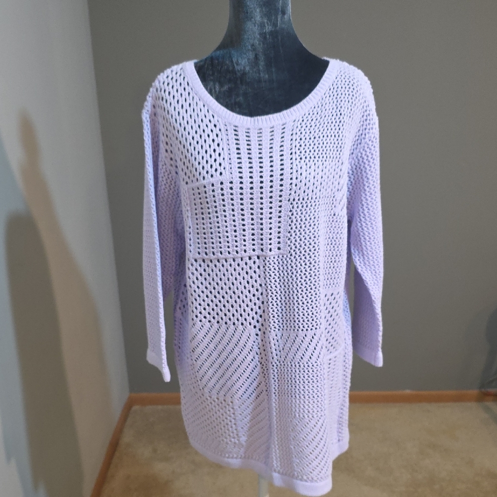 Christopher & Banks Lavender Open‎ Knit Crochet Sweater Tunic 3/4 Sleeve L